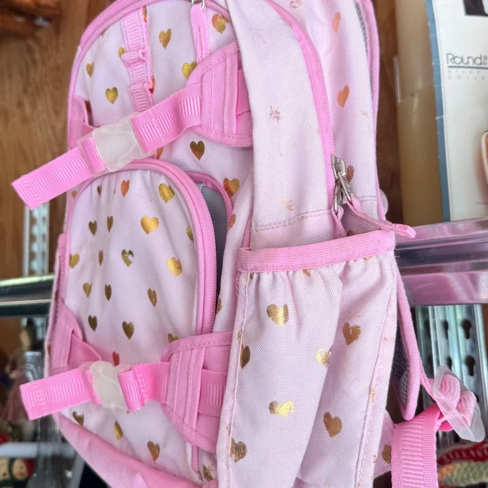 Pottery Barn Kids Mackenzie Pink Gold Heart Backpack School Bag Small 14in